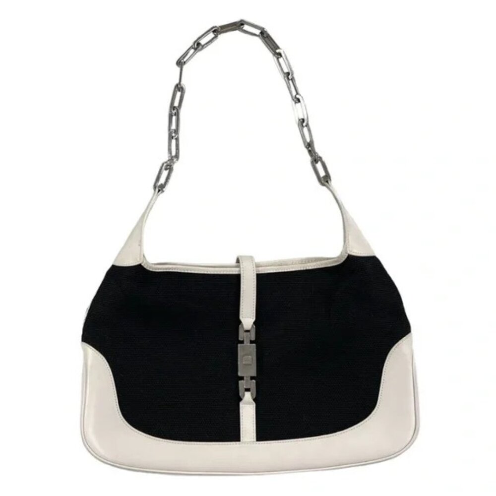 Gucci Jackie Chain Hobo Bag Black Canvas with White Leather Trim